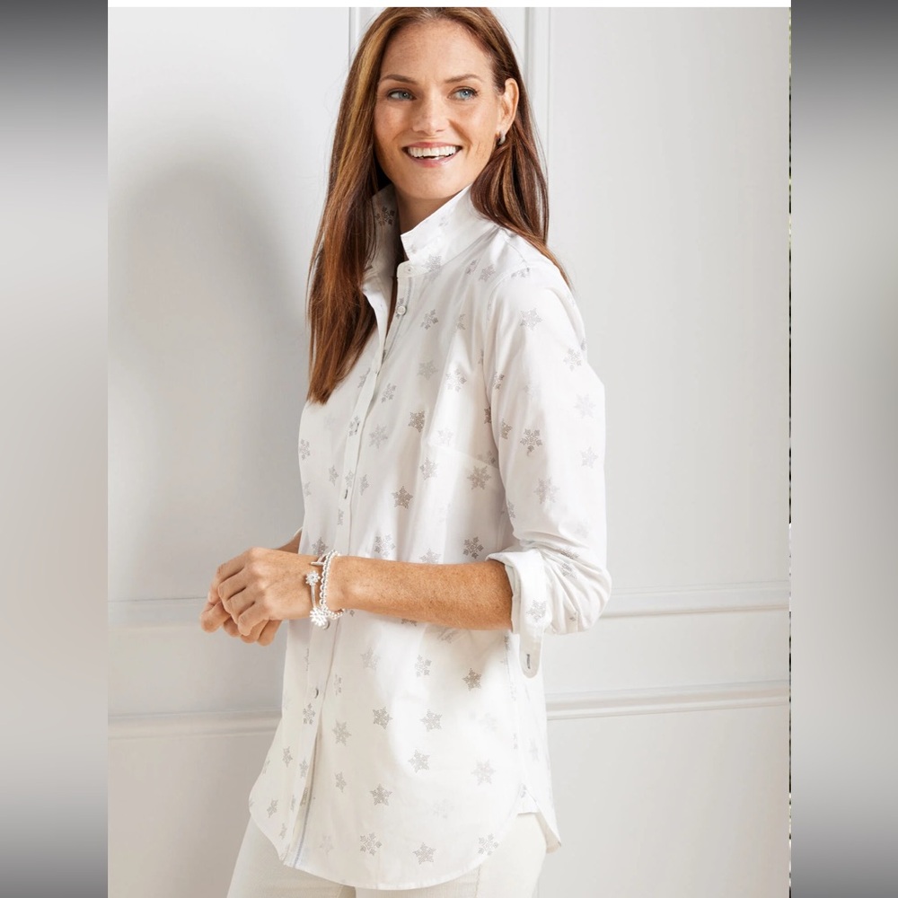 COTTON BUTTON FRONT SHIRT - FOIL SNOWFLAKES NWT PXL